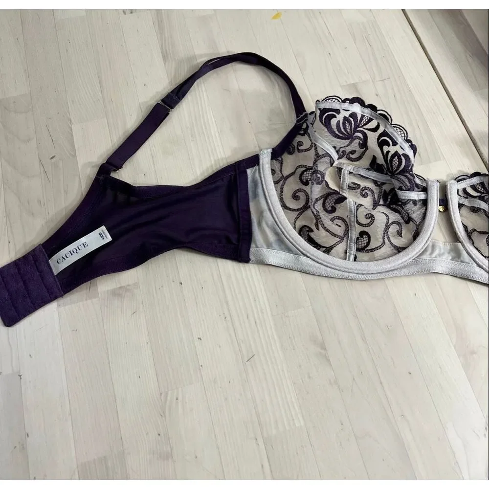 Cacique Purple Lace Sheer Balconette Bra Plus Size 40DD Underwire Embroidered